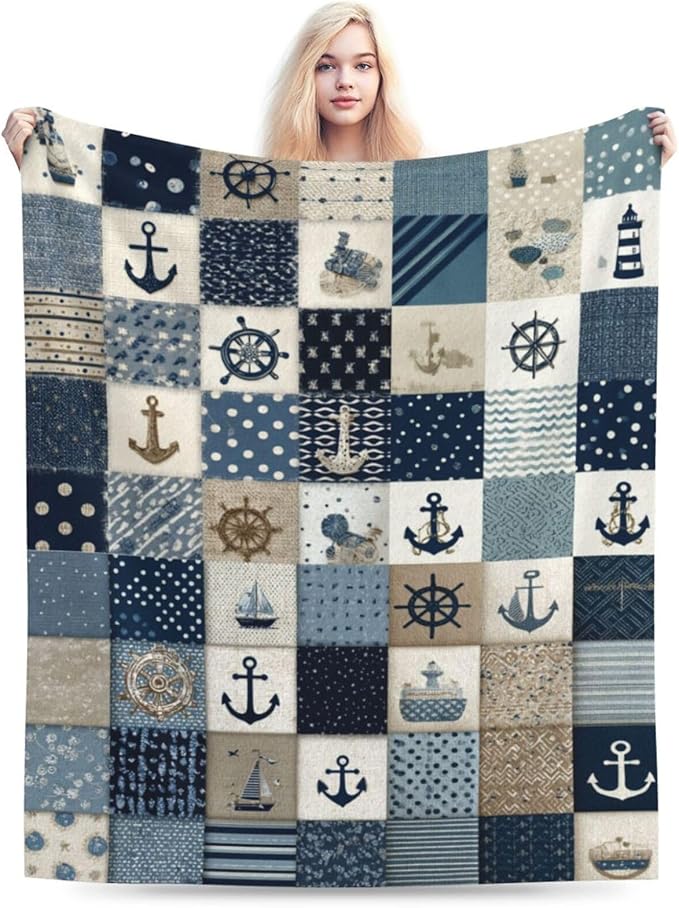 Nautical Blanket Ocean Sea Throw Blanket Sailboat Anchor Soft Cozy Fleece Fuzzy Stuffed Plush Flannel Gifts for Girls Women Boys Kids Adults 60"X80"