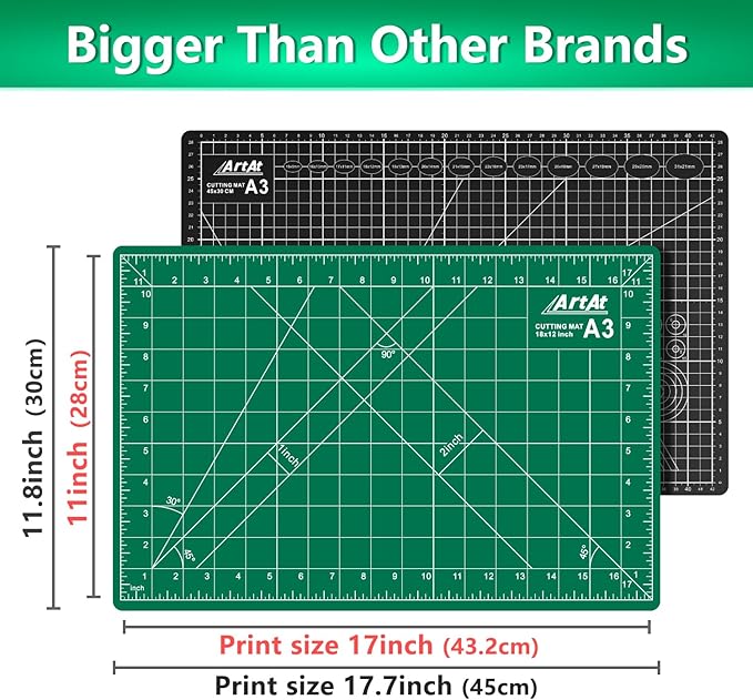 ArtAt Self Healing Cutting Mat: 12inch x 18inch Double Sided 5-Ply Fabric Cutting Mat for Sewing, Quilting & Arts & Crafts - Gridded Rotary Cutting Board Mat in Green/Black.