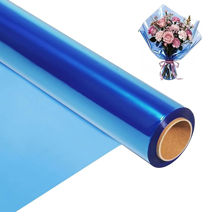 200 ft Blue Cellophane Wrap Roll (16 In x 200 Feet) - 2.5 Mil Thick for Gift Baskets, Bouquets, Party Decorations
