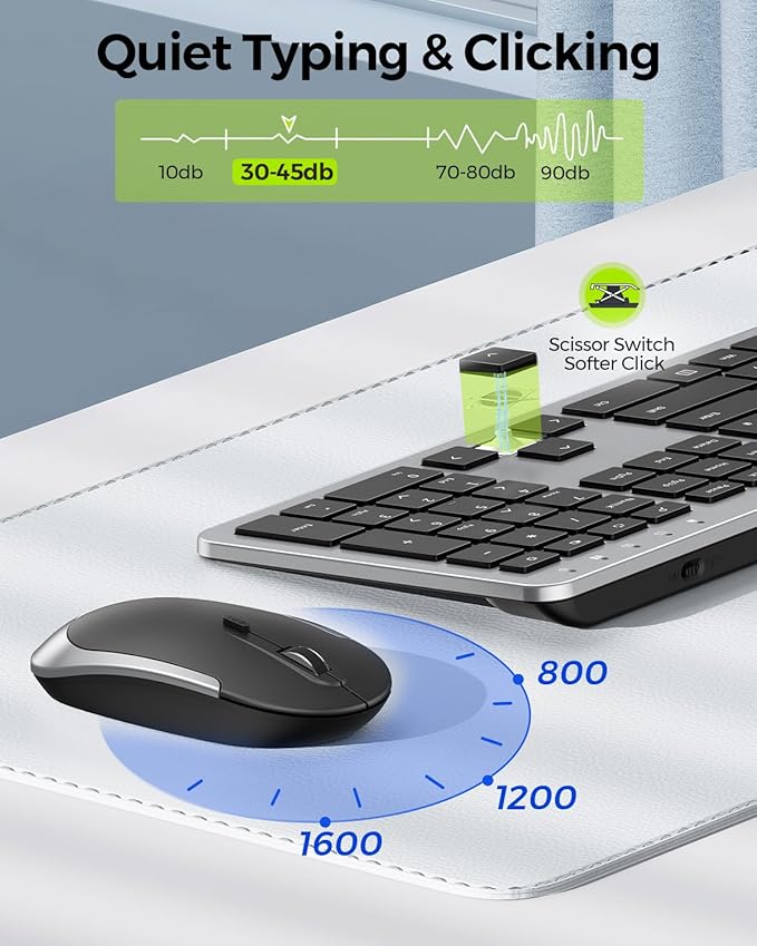 seenda Wireless Keyboard and Mouse Combo Full Size Slim Thin Wireless Keyboard Mouse with On/Off Switch on Both Keyboard and Mouse - (Black and Silver)