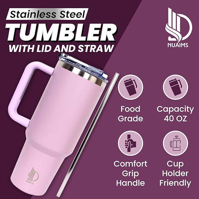 40oz Insulated Tumbler with Handle, Leakproof Straw Lid & Carry Handle - Double Wall Vacuum Insulation Keeps Ice 24 Hours, BPA Free Stainless Steel Water Bottle (Charcoal Blue)