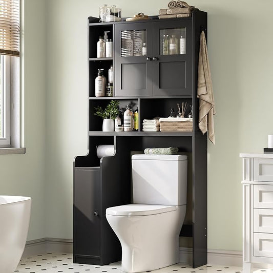 Itaar Over The Toilet Storage Cabinet, Over Toilet Bathroom Organizer with Glass Doors & Toilet Paper Holder Stand, Home Space-Saving Toilet Rack, for Bathroom, Restroom, Laundry(Black)