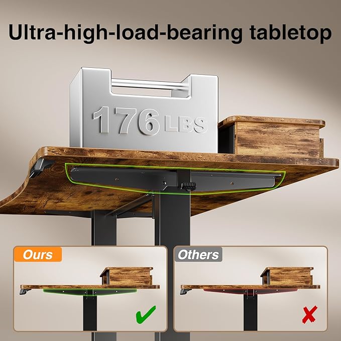 Veken 47.2"×27.6" Standing Desk with Storage Drawers, Adjustable Height Computer Table with Monitor Shelf, Home Office Desk for Study, Gaming, Workstation, Brown