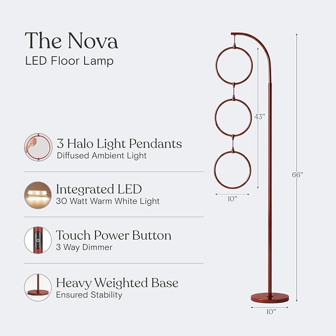 Brightech Nova Modern Floor Lamp - Contemporary Arc Tall Lamp with 3-Circle Ring-Style Pendant - Over the Couch Standing Lamp on Arching Pole - Eclectic Tall Lamp Matches Living Room Décor - Red