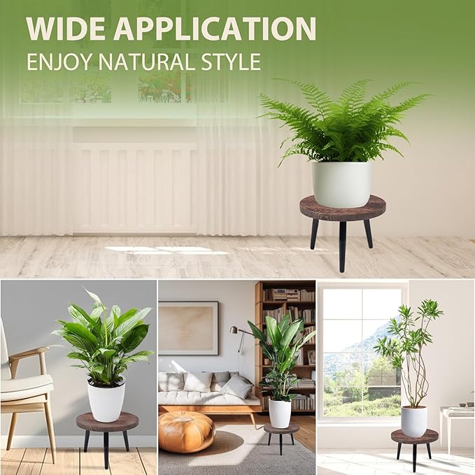 Heavy Duty Plant Stool, 10 Inch Wooden Plant Stand for Indoor Outdoor, Sturdy Metal Legs Single Plant Holder Supports 150 lbs, Fits 5-12 Inch Pots