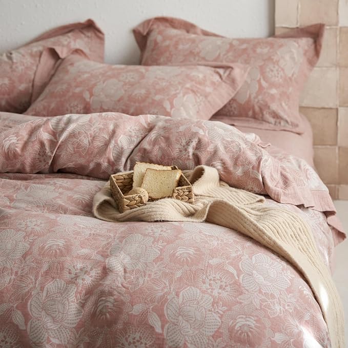 VM VOUGEMARKET Blush Pink Flower Duvet Cover Set Queen,3 Pieces Retro Jacquard Pink Floral Bedding Set,Linen Cotton Yarn-Dyed Textured Duvet Cover with Zipper Closure