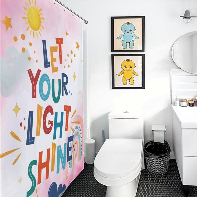 Pink Rainbow Shower Curtain for Bathroom, Boho Cute Inspirational Motivational Quotes Rainbow Colorful Baby Kids Girls Waterproof Fabric Shower Curtain Set with Hooks, 72"x84" Inch