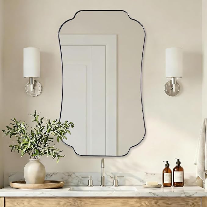 ANDY STAR 24"x40" Brushed Nickel Mirror, Scalloped Bathroom Wall Mirror in Anti-Rust Stainless Steel Metal Frame 1’’ Deep, Hangs Vertically/Horizontally