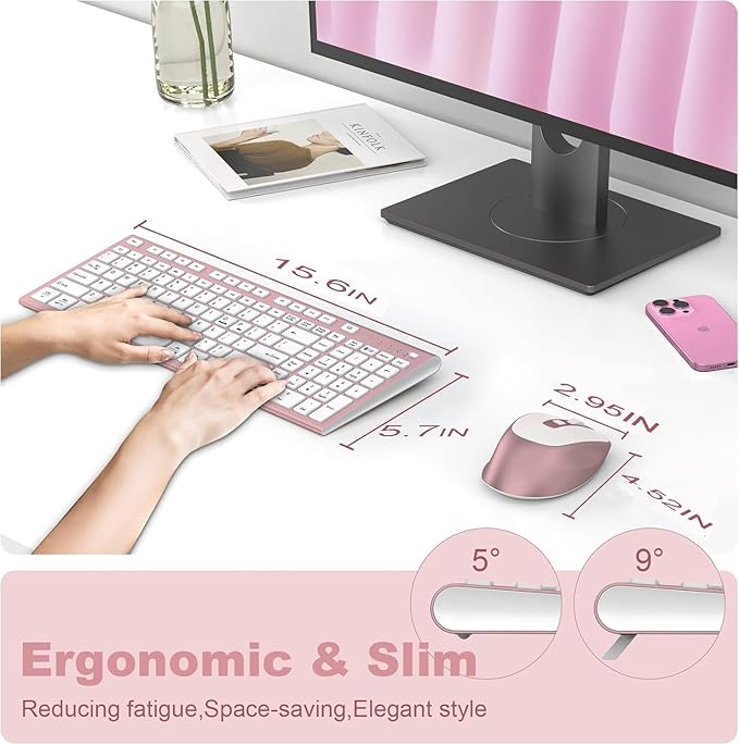 FENIFOX Wireless Keyboard and Mouse, Rechargeable USB C Combo Silent Quiet Compact Full Size Flat with Number Pad Soft Cover for Mac MacBook iMac Windows PC Laptop Computer Office - Pink & Rose Gold