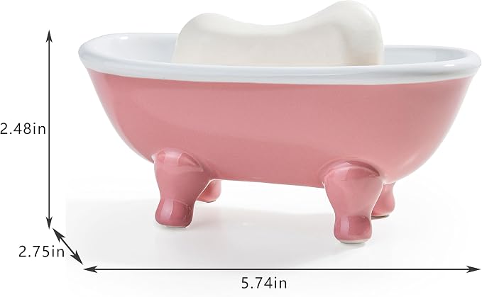 5.7" Ceramic Mini Clawfoot Bathtub Bar Soap Dish, Decorative Bar Soap Holder for Shower, Bathroom & Kitchen Sink (Pink)
