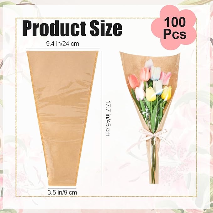 100 Pcs Flower Bags for Bouquets, Clear Bouquet Wrapping Paper, Kraft Flower Wrapping Paper for Florist Supplies Wedding Birthday Graduation Anniversary Mother's Day Gifts, 9.4x3.5x17.7 Inch