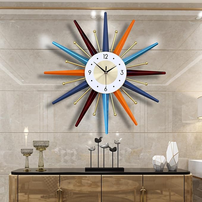 Large Wall Clock 22 Inch Mid Century Wall Clock Starburst Clock Non-Ticking Battery Operated Modern Home Decorations for Living Room Bedroom Kitchen Office,Wall Watch