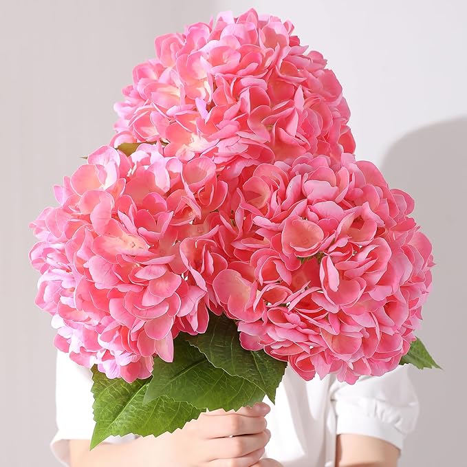 3Pcs Hydrangea Artificial Flowers, 22.44" Real Touch Latex Faux Hydrangea with Long Stems & Leaves for Home Office Decor or Wedding, Party, Centerpieces, Floral Arrangements (Pink)