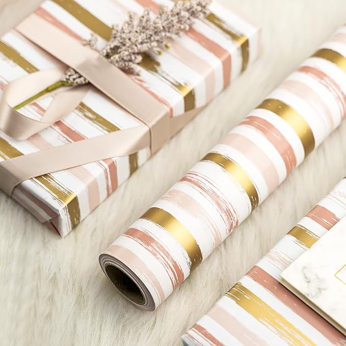 WRAPAHOLIC Reversible Pink Wrapping Paper - Mini Roll - 17 Inch X 33 Feet - Pink Gold Lines and Solid Pink Design for Girls Birthday, Baby Shower, Wedding, Bridal Shower