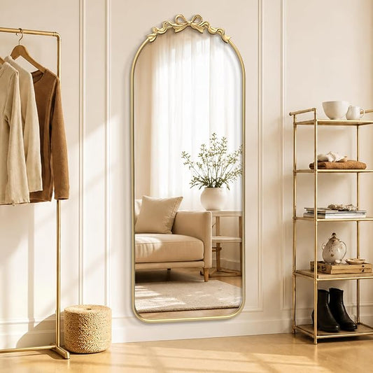 Besdomus Arched Mirror Full Length: 21"x56" Bow Gold Arch Floor Mirror - Antique Baroque Traditional Ornate Standing Mirror for Entryway/Cloakroom/Bedroom - Home Decor for Fashion-Conscious