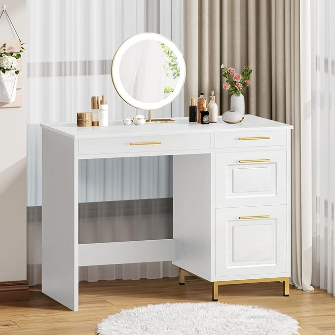 4 EVER WINNER White Desk with Drawers and Golden Handle, 43 Inch Small Desk with 4 Storage Drawers, Computer Desk with Storage Shelves for Home Office, White and Gold