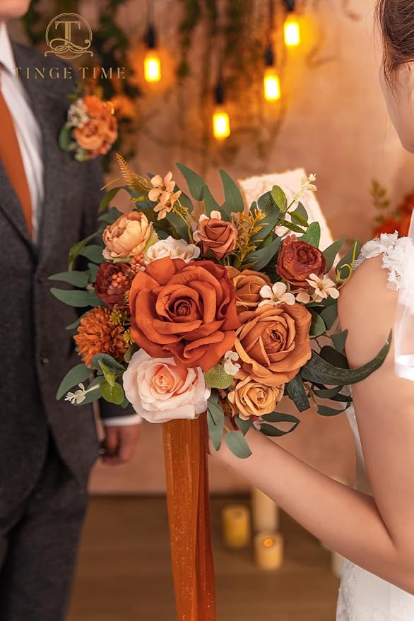 TINGE TIME Wedding Bouquets for Bride, 9 Inch Handcrafted Silk Bridal Flowers Bouquets for Fall Wedding Ceremony, Gift for Bridesmaid, Bouquet for Party Church Decoration (Brunt Orange)
