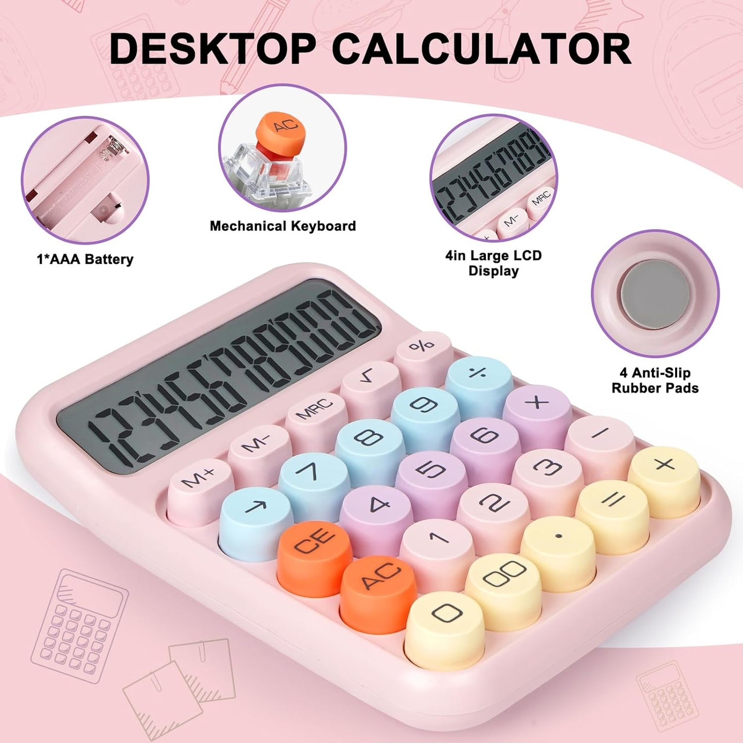 Skiennix Mechanical Switch Calculator - Large LCD Display, 12 Digits, Cute Pink Design for Home & Office