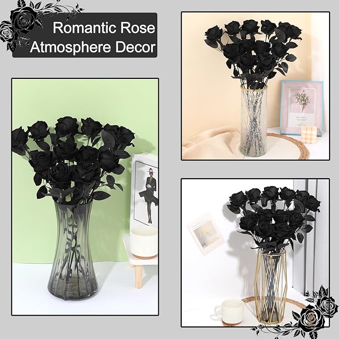 12Pcs Black Roses Artificial Flowers Fake Rose Faux Velvet Silk Flowers for Home Wedding Decoration (Pearl Roses, Pure Black)