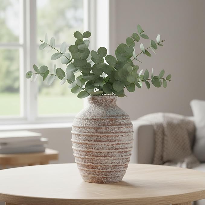 Rustic Ceramic Flower Vase,6.9 Inch Pottery Farmhouse Vases for Home Decor Boho Terracotta Vase Decorations Vintage Floral Vase Decor for Living Room,Table,Bedroom,Shelf,Mantel,Kitchen-Warm Sand Beige