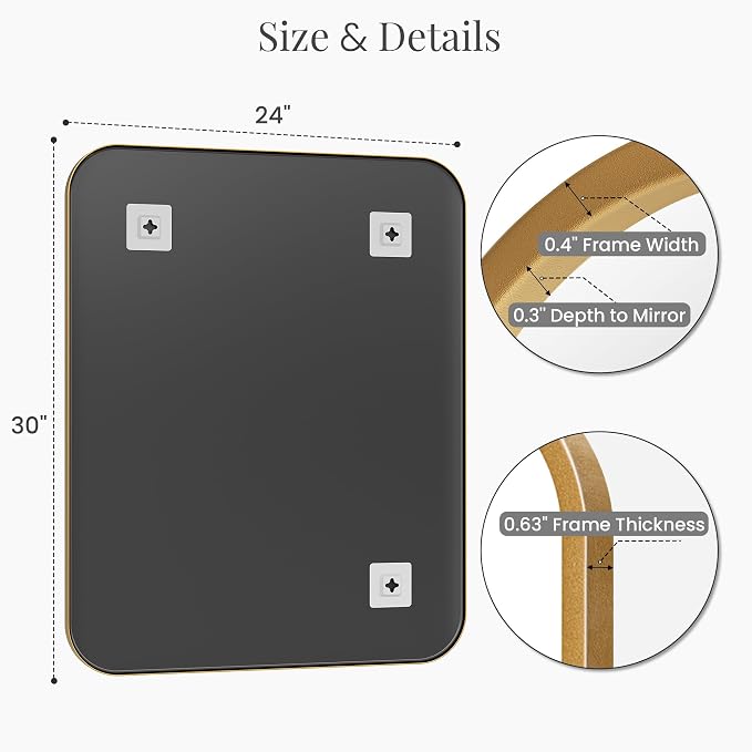 2-Pack 24x30 Inch Antique Gold Bathroom Vanity Mirrors | Flush Mount Deep Set Metal Wall Mirror for Over Sink | HD Shatterproof Glass, Rustproof