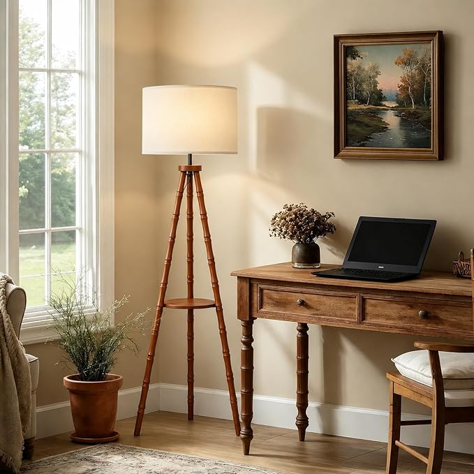LAMSU Solid Wood Tripod Floor Lamp with Shelf, Mid Century Bobbin Standing Lamp with Fabric Shade and Foot Switch, Retro Farmhouse Tall Corner Lamps for Living Room Bedroom Office Reading, Brown