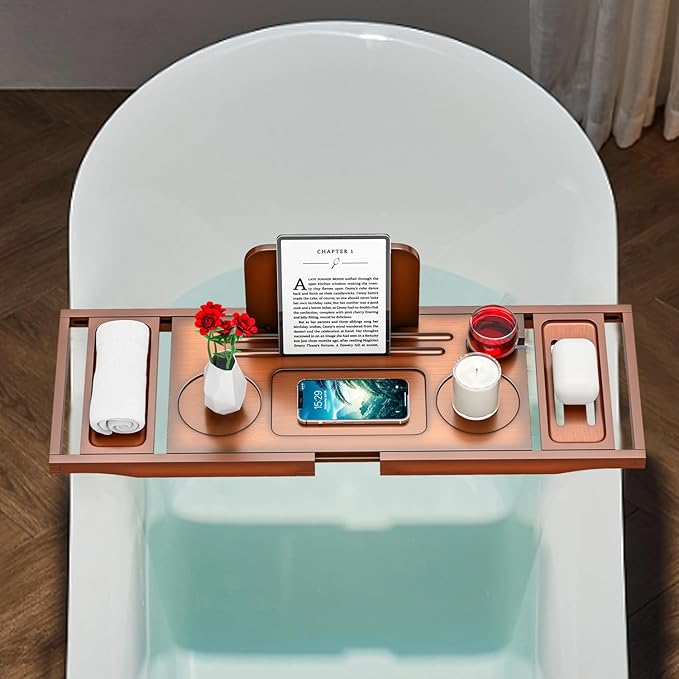 Bathtub Tray Caddy - Bath Tray - Bath Tub Tray Caddy - Bamboo Bath Table Tray for Tub - Expandable Size, Fits Most Tubs