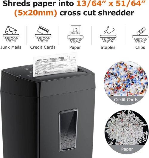 Bonsaii 12-Sheet Cross Cut Paper Shredder - Heavy Duty Home Office Shredder with Transparent Window | P-4 Security Level
