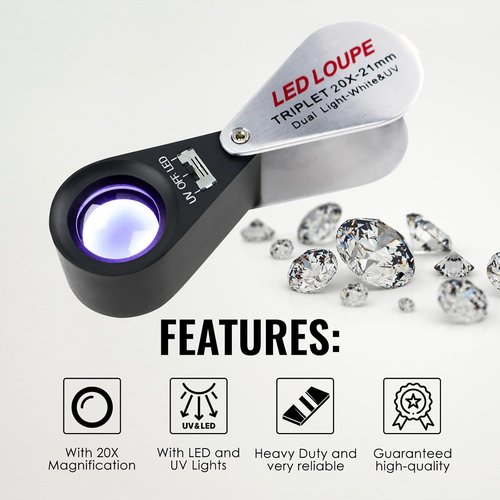 Skiennix 20x Foldable Pocket Magnifier - Illuminated Loupe with UV & LED Light for Jewelry, Coins & Antiques