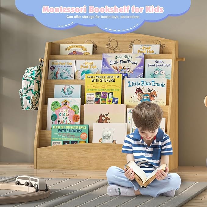 5-Tier Kids Bookshelf Montessori Toddler Book Rack Baby Bookcase Floor Front Facing Magazine Display Shelf for Bedroom Playroom Nursery Classroom Kindergarten Wood (Natural)