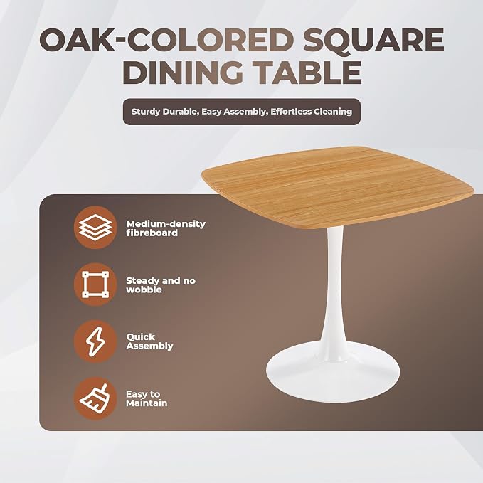 31.5 Inch Square Dining Table for 2 to 4 Person Mid Century Modern Tulip Table with Metal Pedestal Base Thick MDF Top for Apartment Kitchen Bistro Office, Oak and White