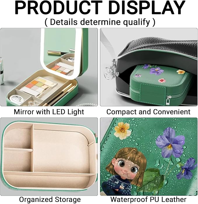 Wrappiness Girls & Women Lovely Makeup Box With LED Mirror - Personalized Jewelry Box Organizer Portable Ideal for Travel, Gift for Daughters Sisters Friends (Birth Month Flower, Toddler Girls)
