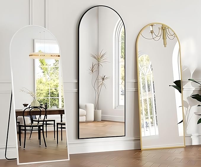 Dewfig Arched Full Length Mirror, 64"x20" Gold Mirror with Stand, Full Body Mirrors for Leaning Against or Wall Mounted, Large Floor Mirrors for Bedroom, Living Room, Black