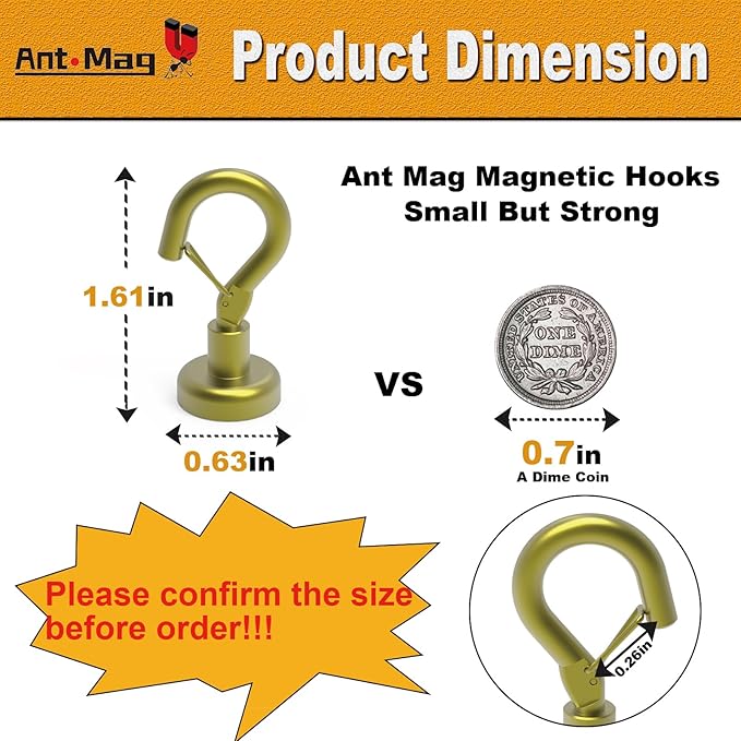 Ant Mag Magnetic Hooks Heavy Duty with Snap 22lbs Strong Gold Magnet Hooks Great Hanging for Refrigerator, Cruise Cabin, Grill, Wreath,Kitchen,Office 8 Pack