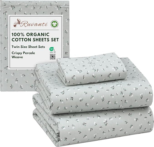 RUVANTI 100% Organic Cotton Sheets Twin Size, Percale Weave, GOTS Certified, 3-Piece Set, Deep Pocket 15", Crisp & Breathable, Soft Durable Bedding, Sábanas Algodón Orgánico – Bud Club