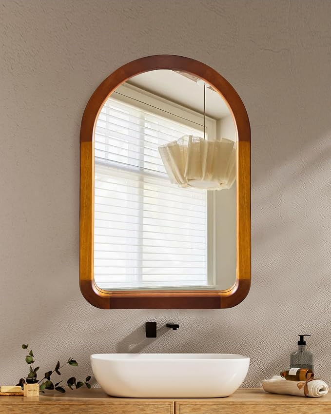 Arched Bathroom Mirror,Wood 22 x 30 Inch Arch Wall Mirror with Walnut Frame,Vanity Tempered Glass Mirror for Bedroom,Entryway,Living Room