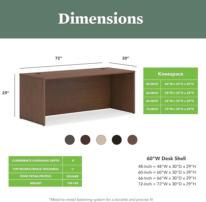 HON MOD Executive Desk 72-Inch Large Computer Desk Shell, Thick Wooden Laminate, Modern Table with Cord Management, 72" W x 30" D x 29" H, Walnut