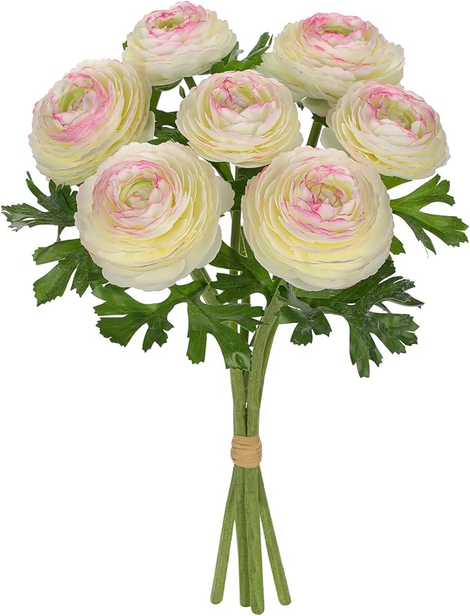 Hollyone 7 Heads Ranunculus Artificial Flowers White Fake Ranunculus Small Bouquets Silk Flowers Faux Floral Centerpieces Flower Arrangements for DIY Home Decor Wedding Party Bridal Shower Decorations