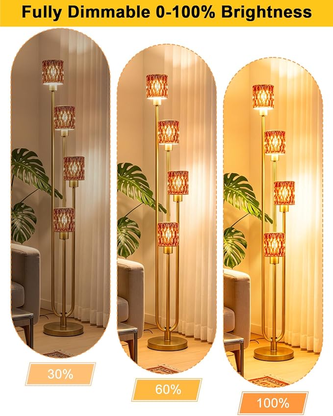 Vintage 4-Head Glass Floor Lamp, Gold Tiered Standing Lamp with Deep Red Textured Glass Shade, Dimmable LED Floor Lamp with 5Lbs Heavy Base for Living Room Bedroom Home Decor, Bulb Included