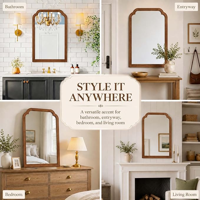 20x30 Inch Asymmetrical Wall Mirror Wood,Rustic Irregular Shaped Vanity Mirror for Bathroom,Bedroom, Living Room, Entryway, Fireplace,Wall Decor,Solid Wooden Frame (Yellowish-Brown, 20" x 30")