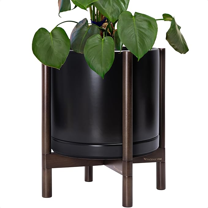 D'vine Dev Ceramic Planter with Walnut Color Stand - 14 Inch Modern Round Flower Pot with Wood Planter Holder, Black, 55-B-T-2