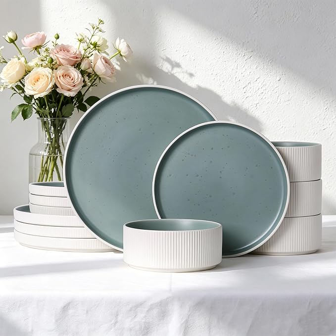 MONITO Ceramic Dinnerware Sets for 4, 12PCS Stoneware Plates and Bowls Sets, Reactive Glaze Dish Set, Chip and Scratch Resistant Double, Microwave and Dishwasher Safe, White Cyan