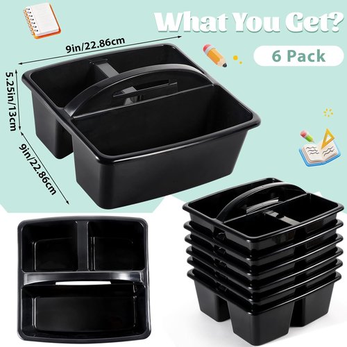 Skiennix 6-Pack Classroom Caddy - Portable Plastic Organizer with 3 Compartments for School Supplies | Black