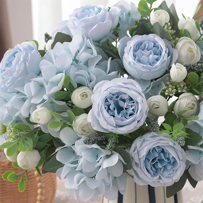 4 Bunches Peonies Artificial Flowers, Silk Peonies Flowers Fake Bouquet Faux Floral Arrangements for Centerpiece Table Wedding Party Home Decor (4, Blue White)