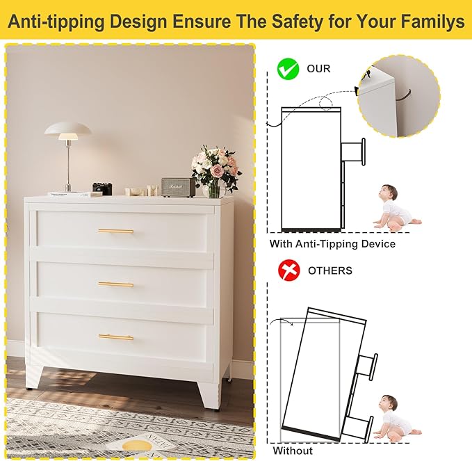34.25" Tall Metal Dresser for Bedroom, 3 Drawer White File Cabinet with Gold Handles, Dressers Chests with Fluted Panel, Vertical Drawer Storage Cabinet for Living Room, Entryway, Hallway