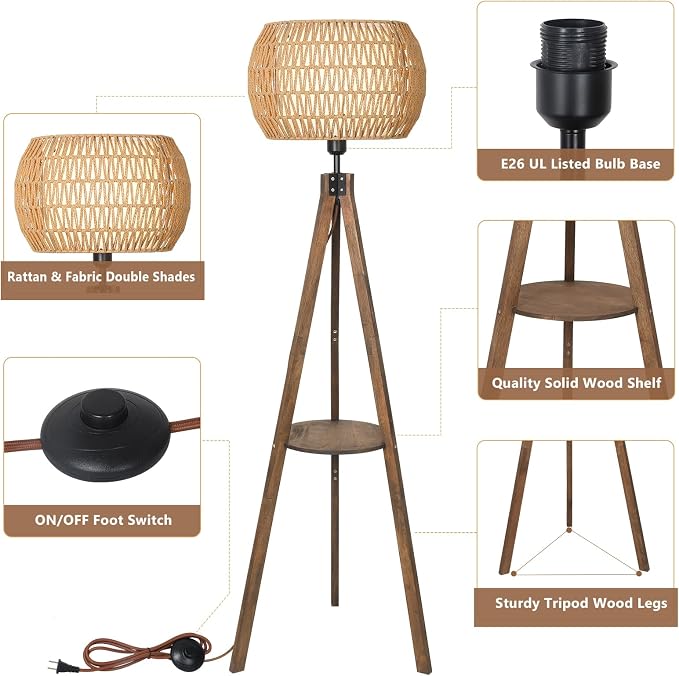 LAMSU Boho Tripod Floor Lamps for Living Room, Wood Floor Lamp with Shelf, Mid Century Modern Standing Lamp with Rattan Shades, Foot Switch, Rustic Farmhouse Tall Lamps for Bedroom Office, Brown