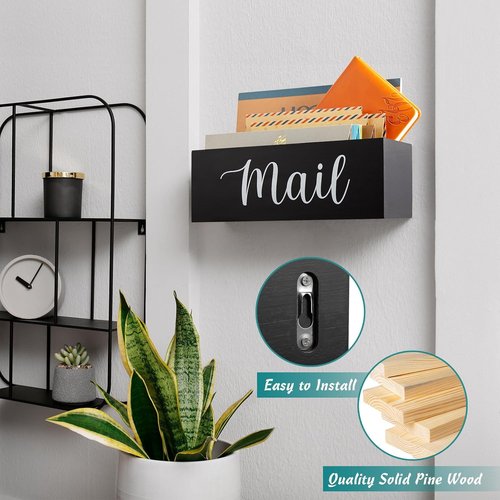 DRASTAR Mail Organizer - Stylish Black Wood Desk Holder with 2 Slots for Home Office Decor