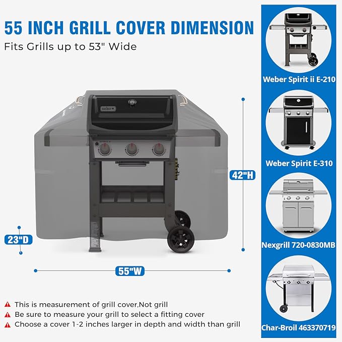 KINGLY Heavy Duty 55 Inch Grill Cover for Outdoor Grill,600D Waterproof Fade Resistant 55 Inch BBQ Gas Grill Cover for Weber Outdoor Grill with Strap,Barbecue Cover for Weber Char-Broil Nexgrill,etc