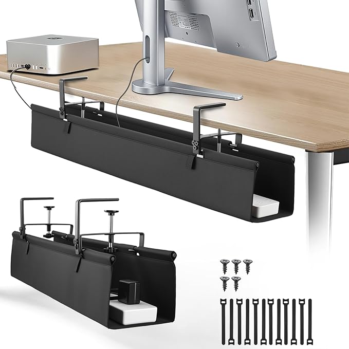 Oxford Cloth Under Desk Cable Management Tray,No-Drill 48" Desk Cable Management Organizer with Clip/Screw Installation,Holds Up to 70 lbs,Fabric Cable Management for Home,Office & Gaming Computer
