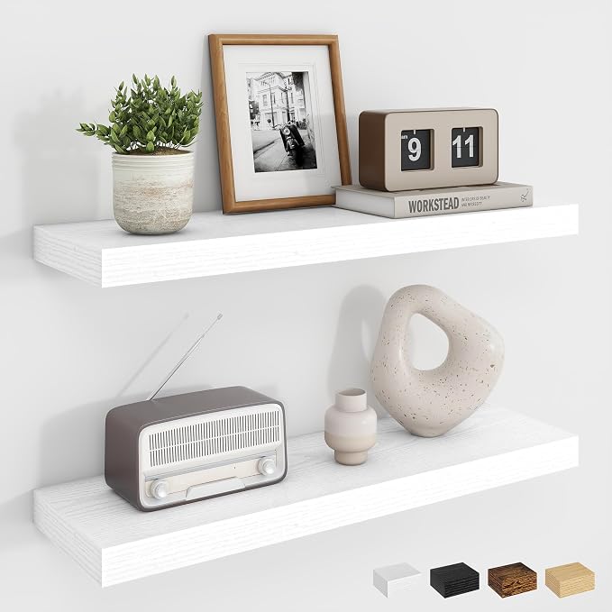 Dreamland 24Inch Floating Shelves for Wall, Rustic Wooden White Floating Shelves for Bathroom|Bedroom|Kitchen, Deep Wall Mounted Book Shelf, Wood Storage Display Shelf for Home Decor, Set of 2